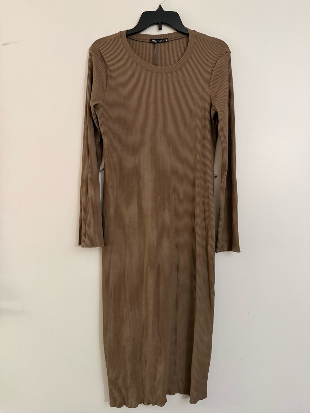 Zara Long Sleeve Ribbed Midi Dress - Taupe